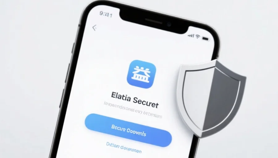 一部现代智能手机屏幕上显示88彩应用的安全下载界面，旁边有安全盾牌图标，背景简洁